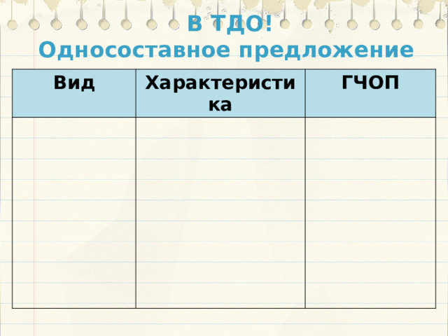 В ТДО!  Односоставное предложение Вид Характеристика ГЧОП 