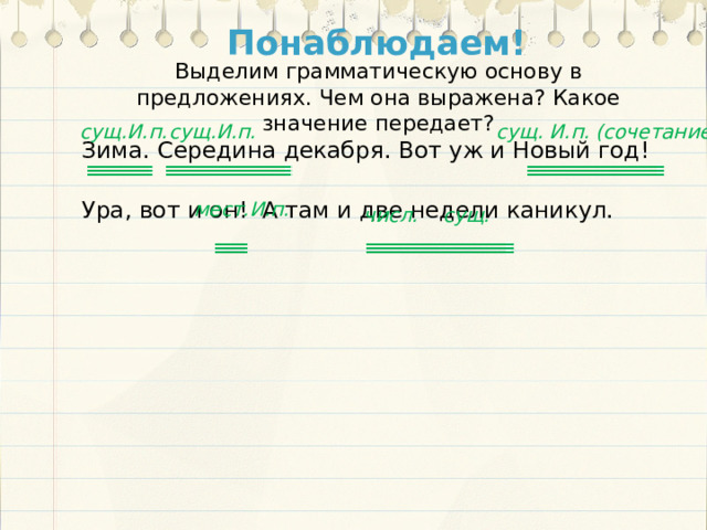 Понаблюдаем! Выделим грамматическую основу в предложениях. Чем она выражена? Какое значение передает? Зима. Середина декабря. Вот уж и Новый год! Ура, вот и он! А там и две недели каникул. сущ.И.п. сущ.И.п. сущ. И.п. (сочетание) мест.И.п. числ. сущ. 