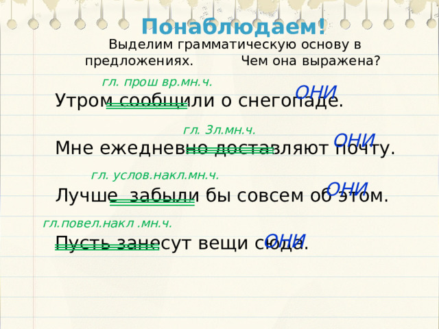 Понаблюдаем! Выделим грамматическую основу в предложениях. Чем она выражена? Утром сообщили о снегопаде. Мне ежедневно доставляют почту. Лучше забыли бы совсем об этом. Пусть занесут вещи сюда. гл. прош вр.мн.ч. ОНИ гл. 3л.мн.ч. ОНИ гл. услов.накл.мн.ч. ОНИ гл.повел.накл .мн.ч. ОНИ 