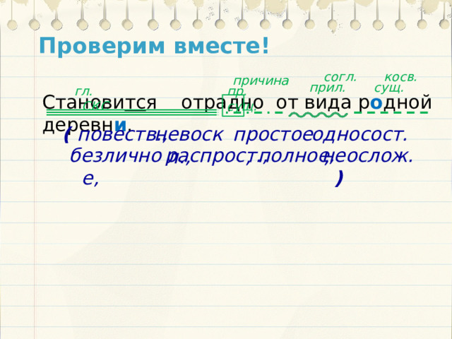 Проверим вместе!  согл. косв. причина прил. сущ. гл. СКС пр. сущ. Станови тс я отрадно от вида р о дной деревн и . простое, односост., невоскл., ( повеств., распрост., неослож. ) безличное, полное,  