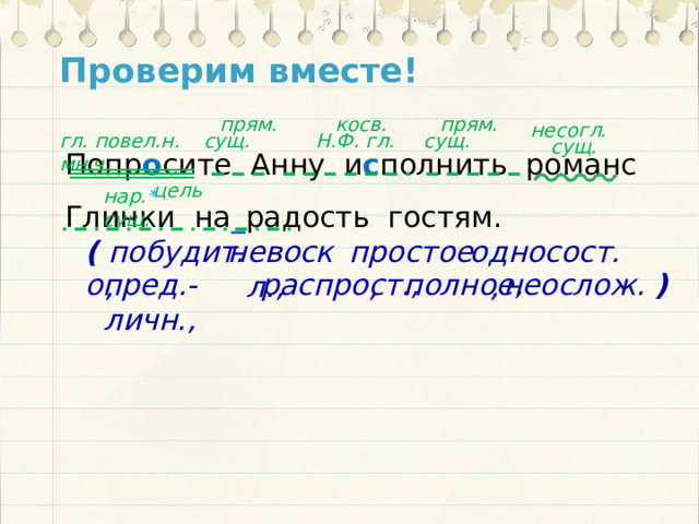 Проверим вместе! прям. прям. косв.  несогл. Попр о сите Анну и с полнить романс Глинки на _ радость гостям. сущ. Н.Ф. гл. гл. повел.н. мн.ч. сущ. сущ. цель нар. * сущ. односост., простое, невоскл., ( побудит., полное, опред.-личн., неослож. ) распрост.,  