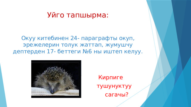 Уйго тапшырма: Окуу китебинен 24- параграфты окуп, эрежелерин толук жаттап, жумушчу дептерден 17- беттеги №6 ны иштеп келуу.  Кирпиге  тушунуктуу  сагачы? 