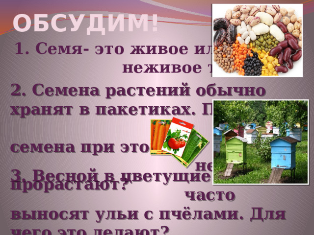 ОБСУДИМ! 1. Семя- это живое или неживое тело? 2. Семена растений обычно хранят в пакетиках. Почему семена при этом не прорастают? 3. Весной в цветущие сады часто выносят ульи с пчёлами. Для чего это делают? 