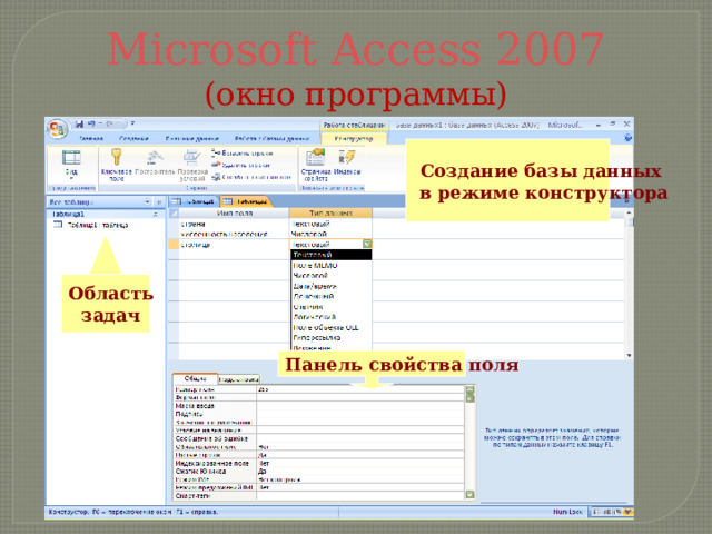 Microsoft Access 2007  (окно программы) Создание базы данных  в режиме конструктора Область задач Панель свойства поля 