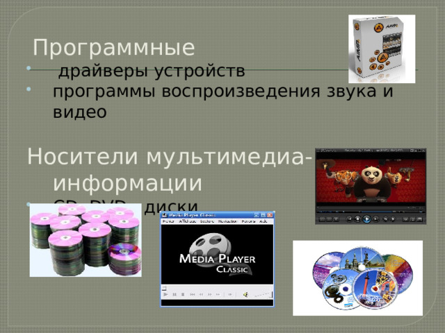  Программные   драйверы устройств программы воспроизведения звука и видео Носители мультимедиа-информации  CD, DVD - диски 