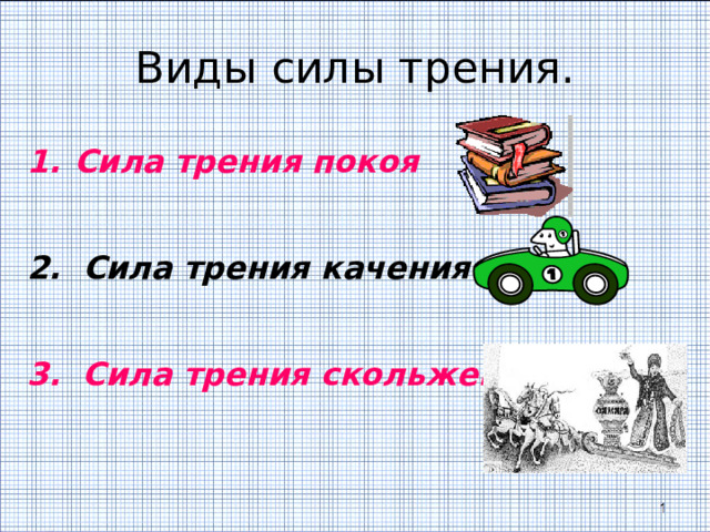 Виды силы трения. Сила трения покоя  2. Сила трения качения 3. Сила трения скольжения  