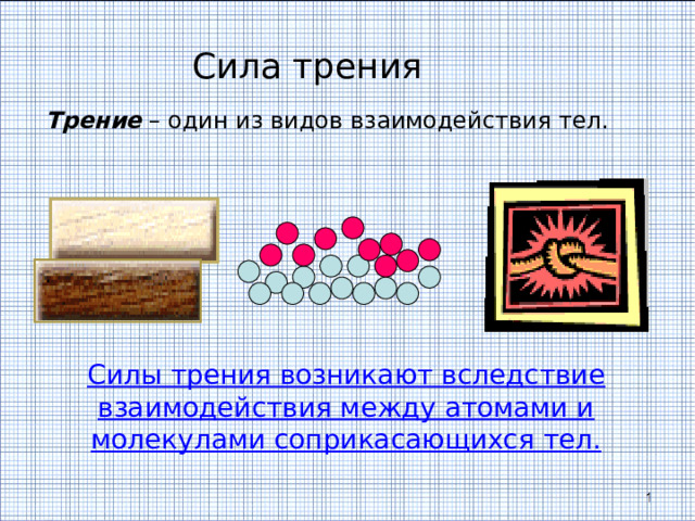 Сила трения Трение – один из видов взаимодействия тел. Силы трения возникают вследствие взаимодействия между атомами и молекулами соприкасающихся тел. 
