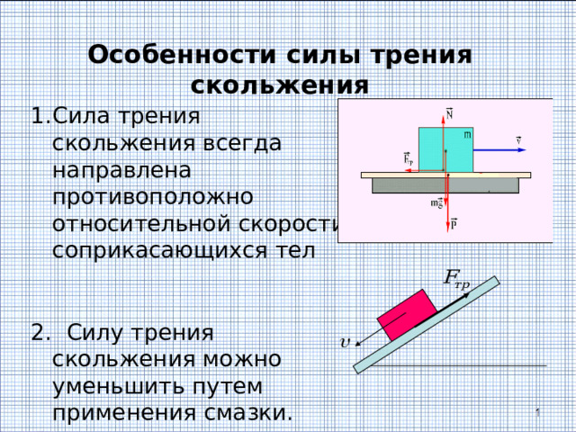 Особенности силы трения скольжения Сила трения скольжения всегда направлена противоположно относительной скорости соприкасающихся тел  2. Силу трения скольжения можно уменьшить путем применения смазки. 