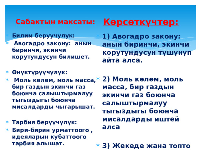 Көрсөткүчтөр: Сабактын максаты: Билим беруучулук:  Авогадро закону: анын биринчи, экинчи корутундусун билишет. 1) Авогадро закону: анын биринчи, экинчи корутундусун түшүнүп айта алса.   Өнүктүрүүчүлүк:  Моль көлөм, моль масса, бир газдын экинчи газ боюнча салыштырмалуу тыгыздыгы боюнча мисалдарды чыгарышат. 2) Моль көлөм, моль масса, бир газдын экинчи газ боюнча салыштырмалуу тыгыздыгы боюнча мисалдарды иштей алса   Тарбия берүүчүлүк: Бири-бирин урматтоого , идеяларын кубаттоого тарбия алышат. 3) Жекеде жана топто бирин-бири урматтаса, идеяларды кубаттаса. 