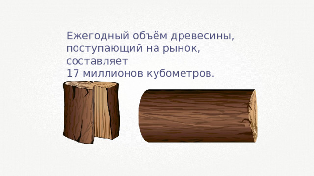 Ежегодный объём древесины, поступающий на рынок, составляет 17 миллионов кубометров. 