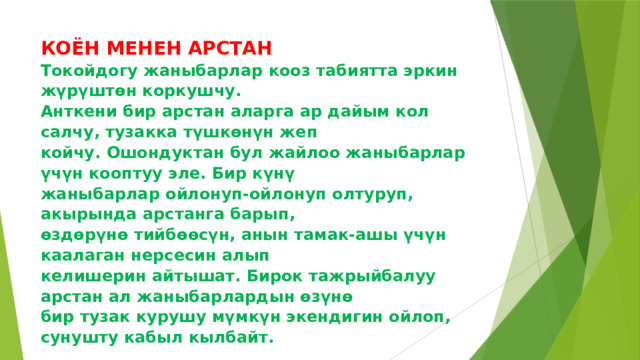 КОЁН МЕНЕН АРСТАН  Токойдогу жаныбарлар кооз табиятта эркин жүрүштөн коркушчу.  Анткени бир арстан аларга ар дайым кол салчу, тузакка түшкөнүн жеп  койчу. Ошондуктан бул жайлоо жаныбарлар үчүн кооптуу эле. Бир күнү  жаныбарлар ойлонуп-ойлонуп олтуруп, акырында арстанга барып,  өздөрүнө тийбөөсүн, анын тамак-ашы үчүн каалаган нерсесин алып  келишерин айтышат. Бирок тажрыйбалуу арстан ал жаныбарлардын өзүнө  бир тузак курушу мүмкүн экендигин ойлоп, сунушту кабыл кылбайт. 