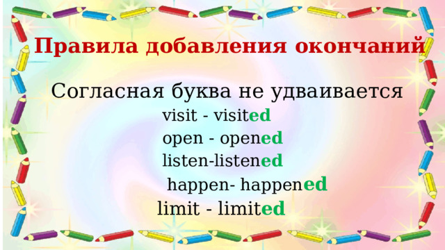 Правила добавления окончаний   Согласная буква не удваивается  visit - visit ed  open - open ed  listen-listen ed  happen- happen ed  limit - limit ed 