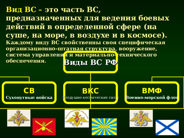 Вид ВС – это часть ВС, предназначенных для ведения боевых действий в определенной сфере (на суше, на море, в воздухе и в космосе).  Каждому виду ВС свойственны своя специфическая организационно-штатная структура, вооружение, система управления и материально-технического обеспечения. Виды ВС РФ ВМФ ВКС СВ Сухопутные войска Воздушно-космические силы Военно-морской флот 