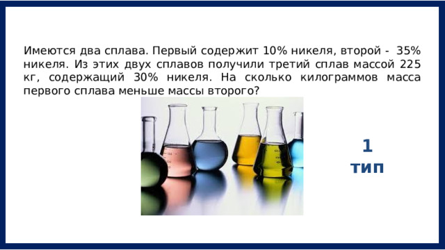 Имеются два сплава. Первый содержит 10% никеля, второй -  35% никеля. Из этих двух сплавов получили третий сплав массой 225 кг, содержащий 30% никеля. На сколько килограммов масса первого сплава меньше массы второго? 1 тип 