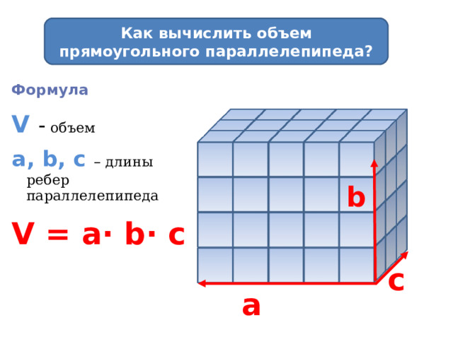 Как вычислить объем прямоугольного параллелепипеда? Формула V  -  объем a, b, c – длины ребер параллелепипеда V = a∙ b∙ c  b c a 