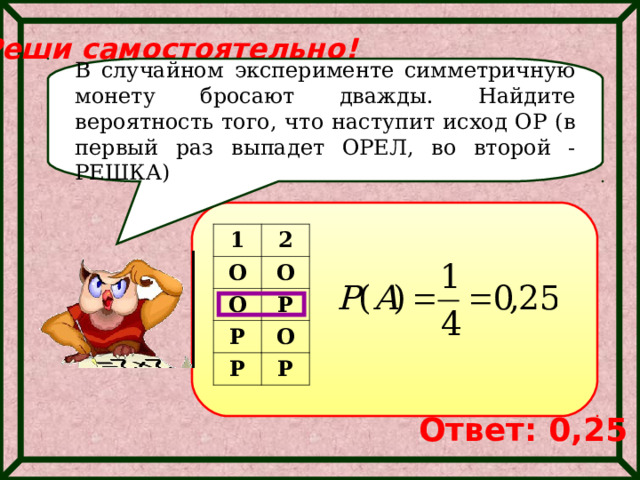 Реши самостоятельно! В случайном эксперименте симметричную монету бросают дважды. Найдите вероятность того, что наступит исход ОР (в первый раз выпадет ОРЕЛ, во второй -РЕШКА) 1 О 2 О О Р Р Р О Р Ответ: 0,25 