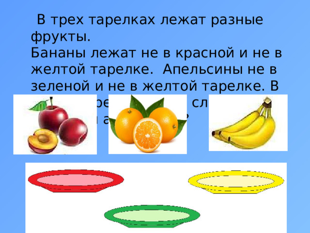  В трех тарелках лежат разные фрукты.  Бананы лежат не в красной и не в желтой тарелке. Апельсины не в зеленой и не в желтой тарелке. В какой тарелке лежат сливы? А бананы и апельсины? 