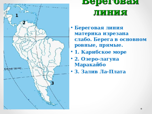 Береговая линия 1 2 Береговая линия материка изрезана слабо. Берега в основном ровные, прямые. 1. Карибское море 2. Озеро-лагуна Маракайбо 3. Залив Ла-Плата 3 