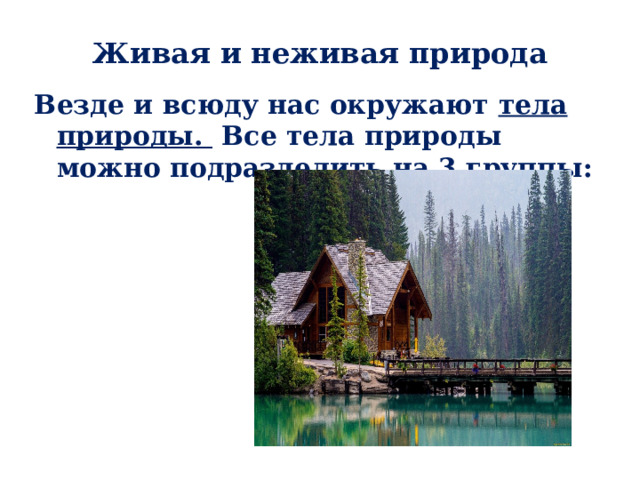 Живая и неживая природа Везде и всюду нас окружают тела природы. Все тела природы можно подразделить на 3 группы:  