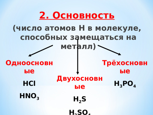 2. Основность (число атомов H в молекуле, способных замещаться на металл)   Одноосновные HCl HNO 3 Трёхосновные H 3 PO 4 Двухосновные H 2 S H 2 SO 4 