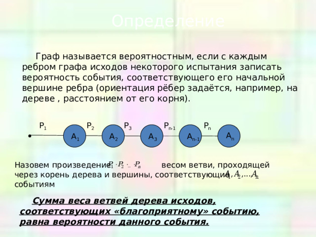 Определение  Граф называется вероятностным, если с каждым ребром графа исходов некоторого испытания записать вероятность события, соответствующего его начальной вершине ребра (ориентация рёбер задаётся, например, на дереве , расстоянием от его корня). P 1 P n P 2 P n-1 P 3 A n A 1 A 3 A 2 A n-1 Назовем произведение весом ветви, проходящей через корень дерева и вершины, соответствующие событиям  Сумма веса ветвей дерева исходов, соответствующих «благоприятному» событию, равна вероятности данного события. 