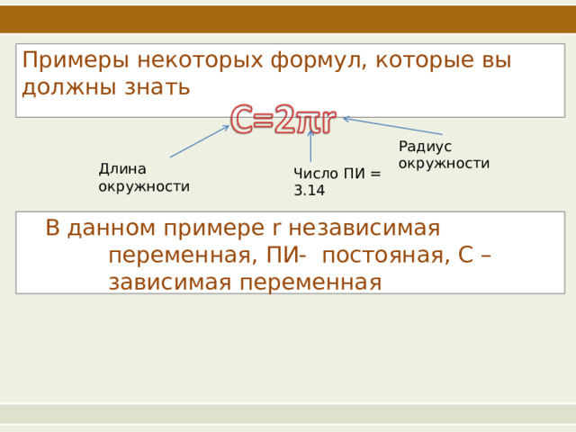 Примеры некоторых формул, которые вы должны  знать Радиус  окружности Длина  окружности Число ПИ =  3.14 В данном примере r независимая переменная,  ПИ- постояная, C – зависимая  переменная 