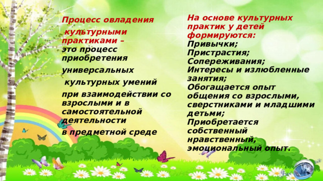 На основе культурных практик у детей формируются:  Привычки;  Пристрастия;  Сопереживания;  Интересы и излюбленные занятия;  Обогащается опыт общения со взрослыми, сверстниками и младшими детьми;  Приобретается собственный нравственный, эмоциональный опыт.   Процесс овладения  культурными практиками –  это процесс приобретения универсальных  культурных умений при взаимодействии со взрослыми и в самостоятельной деятельности в предметной среде 