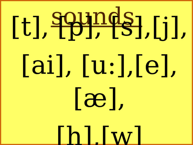 Name the sounds [t], [p], [s],[j], [ai], [u:],[e],[æ], [h],[w] 