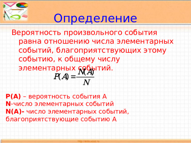 Определение Вероятность произвольного события равна отношению числа элементарных событий, благоприятствующих этому событию, к общему числу элементарных событий. Р(А) – вероятность события А N - число элементарных событий N(A)-  число элементарных событий, благоприятствующие событию А 
