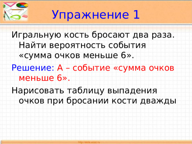 Упражнение 1 Игральную кость бросают два раза. Найти вероятность события «сумма очков меньше 6». Решение:  А – событие «сумма очков меньше 6». Нарисовать таблицу выпадения очков при бросании кости дважды 