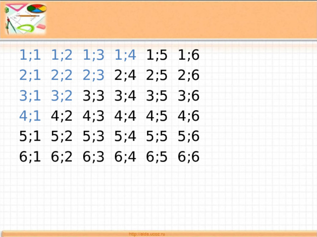 1;1  1;2  1;3  1;4  1;5  1;6 2;1  2;2  2;3  2;4  2;5  2;6 3;1  3;2  3;3  3;4  3;5  3;6 4;1  4;2  4;3  4;4  4;5  4;6 5;1  5;2  5;3  5;4  5;5  5;6 6;1  6;2  6;3  6;4  6;5  6;6 