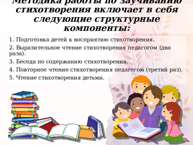 Методика работы по заучиванию стихотворения включает в себя следующие структурные компоненты: 1. Подготовка детей к восприятию стихотворения. 2. Выразительное чтение стихотворения педагогом (два раза). 3. Беседа по содержанию стихотворения. 4. Повторное чтение стихотворения педагогом (третий раз). 5. Чтение стихотворения детьми. 