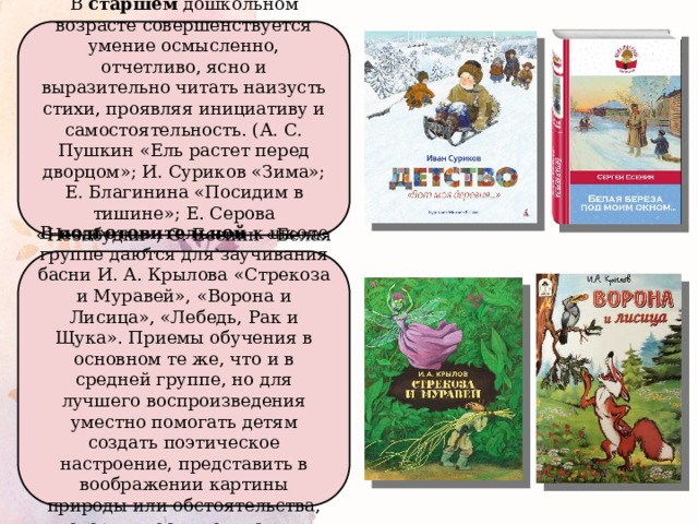 В старшем дошкольном возрасте совершенствуется умение осмысленно, отчетливо, ясно и выразительно читать наизусть стихи, проявляя инициативу и самостоятельность. (А. С. Пушкин «Ель растет перед дворцом»; И. Суриков «Зима»; Е. Благинина «Посидим в тишине»; Е. Серова «Незабудки»; С. Есенин «Белая береза»). В подготовительной к школе группе даются для заучивания басни И. А. Крылова «Стрекоза и Муравей», «Ворона и Лисица», «Лебедь, Рак и Щука». Приемы обучения в основном те же, что и в средней группе, но для лучшего воспроизведения уместно помогать детям создать поэтическое настроение, представить в воображении картины природы или обстоятельства, которым посвящены стихи. 