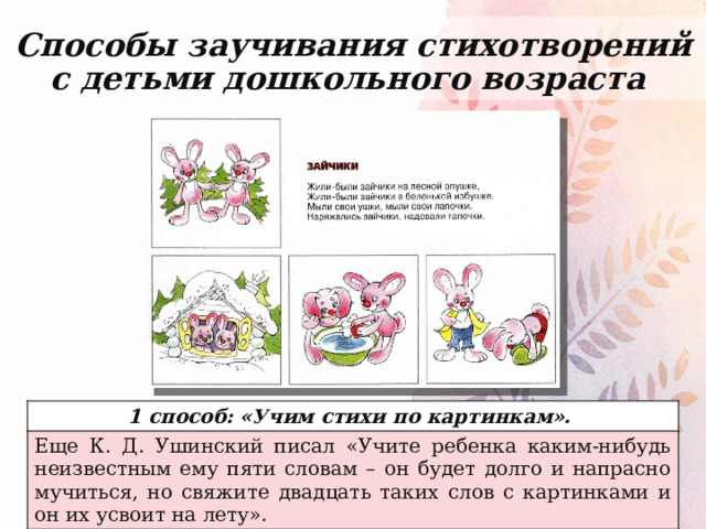 Способы заучивания стихотворений с детьми дошкольного возраста 1 способ: «Учим стихи по картинкам». Еще К. Д. Ушинский писал «Учите ребенка каким-нибудь неизвестным ему пяти словам – он будет долго и напрасно мучиться, но свяжите двадцать таких слов с картинками и он их усвоит на лету». 