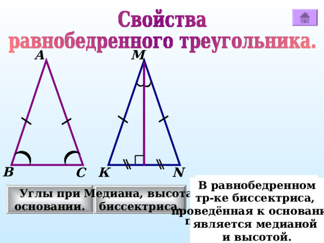 А М В N К С В равнобедренном треугольнике углы при основании равны. В равнобедренном тр-ке биссектриса, проведённая к основанию, является медианой и высотой. Углы при основании. Медиана, высота, биссектриса. 