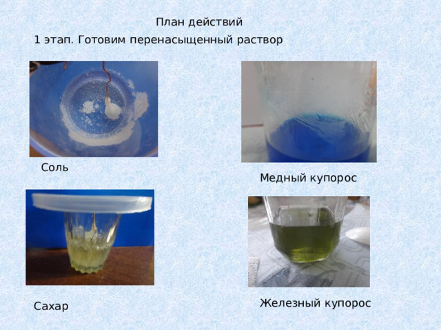 План действий 1 этап. Готовим перенасыщенный раствор Соль Медный купорос Железный купорос Сахар 