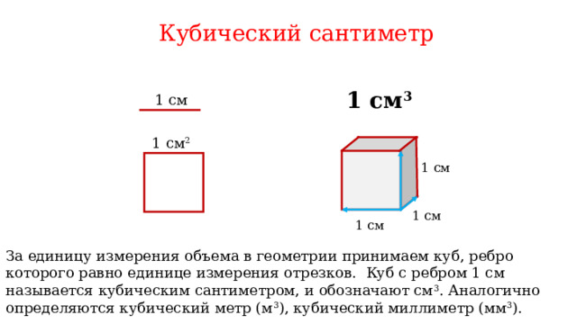 Кубический сантиметр 1 см 3 1 см 1 см 2 1 см 1 см 1 см За единицу измерения объема в геометрии принимаем куб, ребро которого равно единице измерения отрезков. Куб с ребром 1 см называется кубическим сантиметром, и обозначают см 3 . Аналогично определяются кубический метр (м 3 ), кубический миллиметр (мм 3 ). 