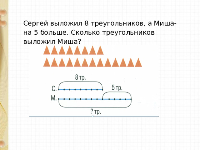 Сергей выложил 8 треугольников, а Миша- на 5 больше. Сколько треугольников выложил Миша ? 