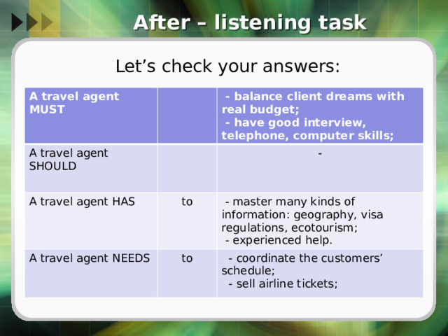 After – listening task Let’s check your answers: A travel agent MUST  A travel agent SHOULD  - balance client dreams with real budget; A travel agent HAS  - have good interview, telephone, computer skills; to A travel agent NEEDS - to  - master many kinds of information: geography, visa regulations, ecotourism;  - experienced help.  - coordinate the customers’ schedule;  - sell airline tickets; 