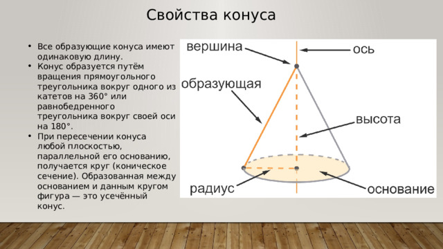 Свойства конуса Все образующие конуса имеют одинаковую длину. Конус образуется путём вращения прямоугольного треугольника вокруг одного из катетов на 360° или равнобедренного треугольника вокруг своей оси на 180°. При пересечении конуса любой плоскостью, параллельной его основанию, получается круг (коническое сечение). Образованная между основанием и данным кругом фигура — это усечённый конус. 