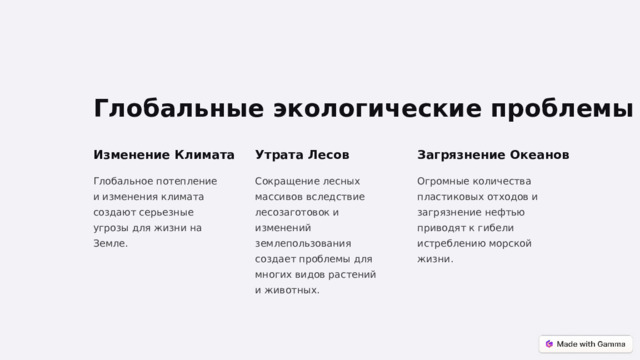 Глобальные экологические проблемы Изменение Климата Утрата Лесов Загрязнение Океанов Глобальное потепление и изменения климата создают серьезные угрозы для жизни на Земле. Сокращение лесных массивов вследствие лесозаготовок и изменений землепользования создает проблемы для многих видов растений и животных. Огромные количества пластиковых отходов и загрязнение нефтью приводят к гибели истреблению морской жизни.  