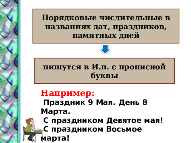 Порядковые числительные в названиях дат, праздников, памятных дней пишутся в И.п. с прописной буквы Например :  Праздник 9 Мая. День 8 Марта .  С праздником Девятое мая!  С праздником Восьмое марта! 