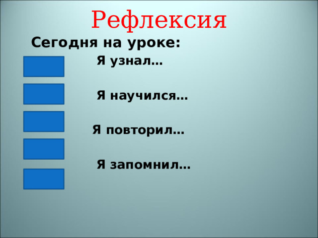 Рефлексия  Сегодня на уроке:  Я узнал…   Я научился…   Я повторил…   Я запомнил… 