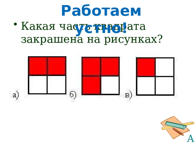 Работаем устно! Какая часть квадрата закрашена на рисунках? На предыдущих уроках мы познакомились с обыкновенными дробями.  