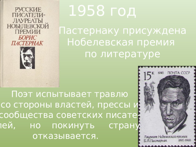 1958 год Пастернаку присуждена Нобелевская премия по литературе Поэт испытывает травлю со стороны властей, прессы и сообщества советских писате- лей, но покинуть страну отказывается. 