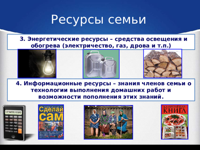 Ресурсы семьи    3. Энергетические ресурсы – средства освещения и обогрева (электричество, газ, дрова и т.п.)  4. Информационные ресурсы – знания членов семьи о технологии выполнения домашних работ и возможности пополнения этих знаний. 
