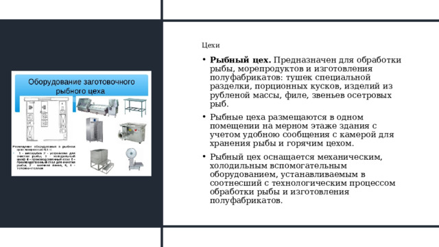 Цехи Рыбный цех.  Предназначен для обработки рыбы, морепродуктов и изготовления полуфабрикатов: тушек специальной разделки, порционных кусков, изделий из рубленой массы, филе, звеньев осетровых рыб. Рыбные цеха размещаются в одном помещении на мерном этаже здания с учетом удобною сообщения с камерой для хранения рыбы и горячим цехом. Рыбный цех оснащается механическим, холодильным вспомогательным оборудованием, устанавливаемым в соотнесший с технологическим процессом обработки рыбы и изготовления полуфабрикатов. 