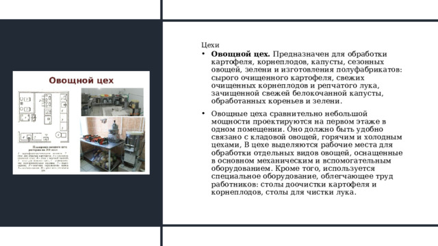 Цехи Овощной цех.  Предназначен для обработки картофеля, корнеплодов, капусты, сезонных овощей, зелени и изготовления полуфабрикатов: сырого очищенного картофеля, свежих очищенных корнеплодов и репчатого лука, зачищенной свежей белокочанной капусты, обработанных кореньев и зелени. Овощные цеха сравнительно небольшой мощности проектируются на первом этаже в одном помещении. Оно должно быть удобно связано с кладовой овощей, горячим и холодным цехами, В цехе выделяются рабочие места для обработки отдельных видов овощей, оснащенные в основном механическим и вспомогательным оборудованием. Кроме того, используется специальное оборудование, облегчающее труд работников: столы доочистки картофеля и корнеплодов, столы для чистки лука. 