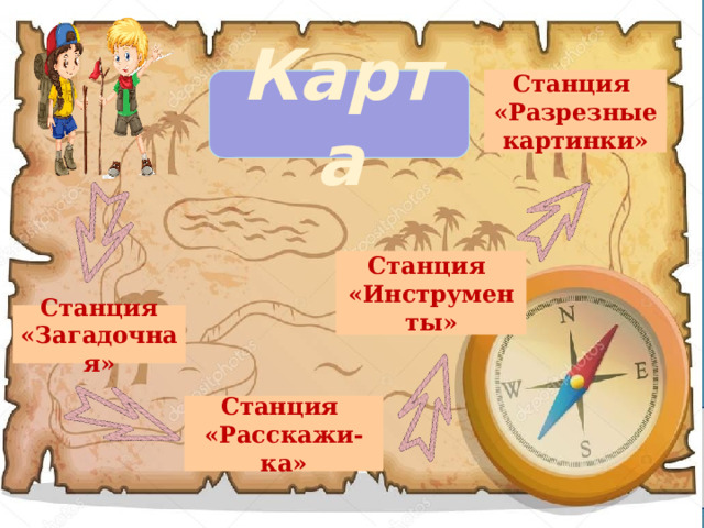 Станция Карта «Разрезные картинки» Станция «Инструменты» Станция «Загадочная» Станция «Расскажи-ка» 