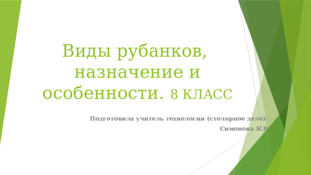 Виды рубанков, назначение и особенности. 8 КЛАСС Подготовила учитель технологии (столярное дело): Симонова Я.В . 